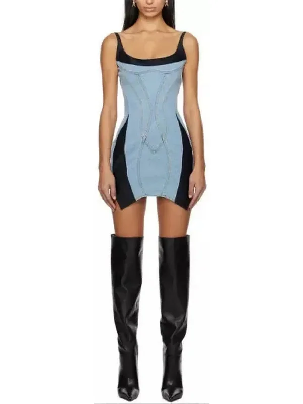 Blue & Black Paneled Denim Mini Dress Cozy Satin Mini Dress