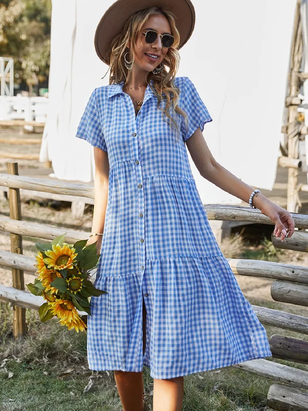 Blue Zone Planet |  Button Up Plaid Short Sleeve Midi Dress Stylish Animal Print Midi Dress