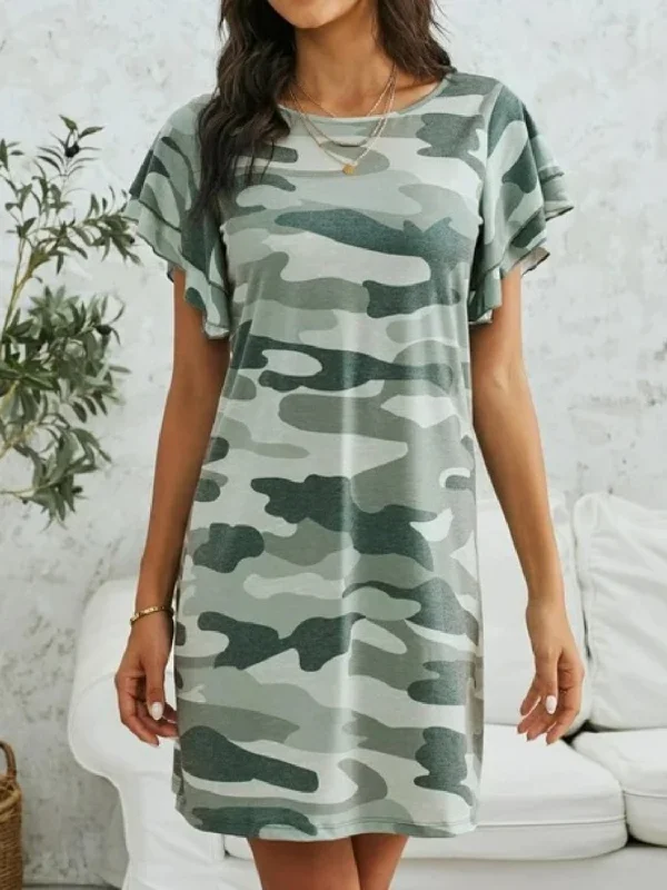 Blue Zone Planet |  Camouflage Round Neck Short Sleeve Mini Dress Fashionable Boho-Chic Mini Dress