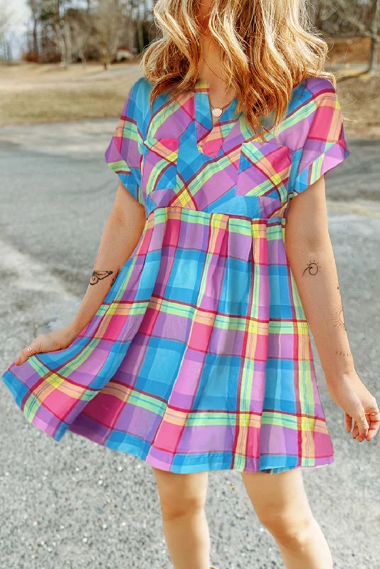 Blue Zone Planet |  Light Blue Multicolor Plaid Short Sleeve Babydoll Mini Dress Elegant Silk Mini Dress