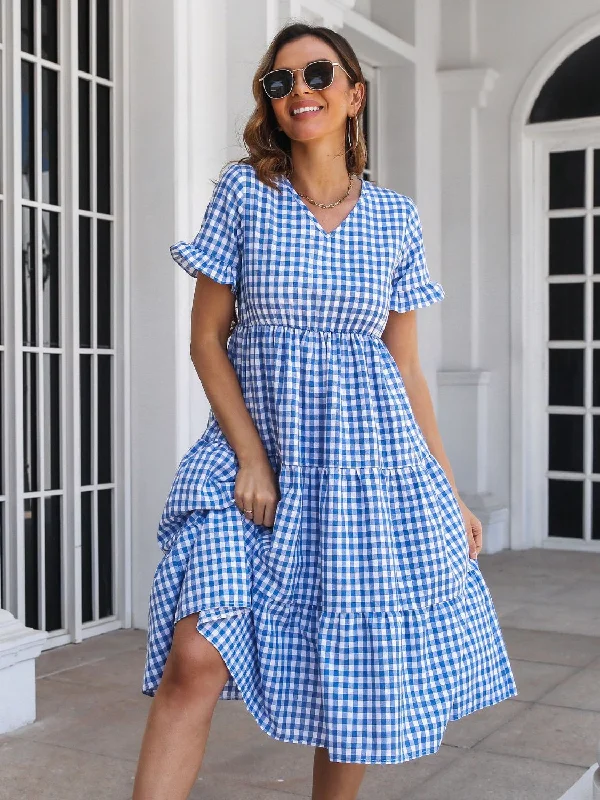 Blue Zone Planet |  Plaid V-Neck Short Sleeve Midi Dress Comfortable Knitwear Midi Dress