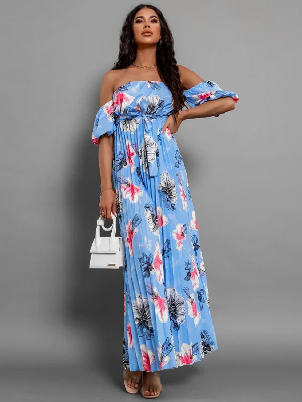 Blue Zone Planet |  Pleated Floral Off-Shoulder Short Sleeve Midi Dress Fashionable High-Neck Midi Dress