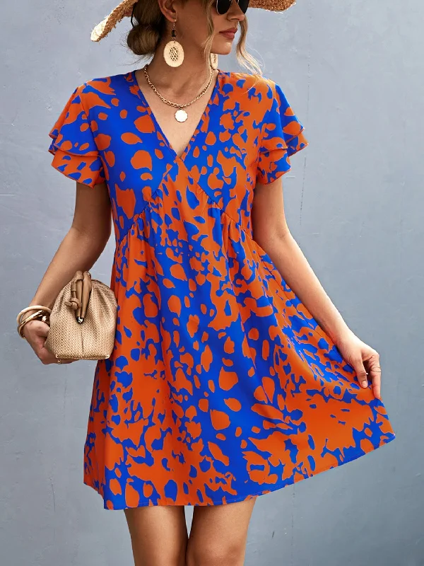 Blue Zone Planet |  Ruffled Printed V-Neck Short Sleeve Mini Dress Stylish Puff Sleeve Mini Dress