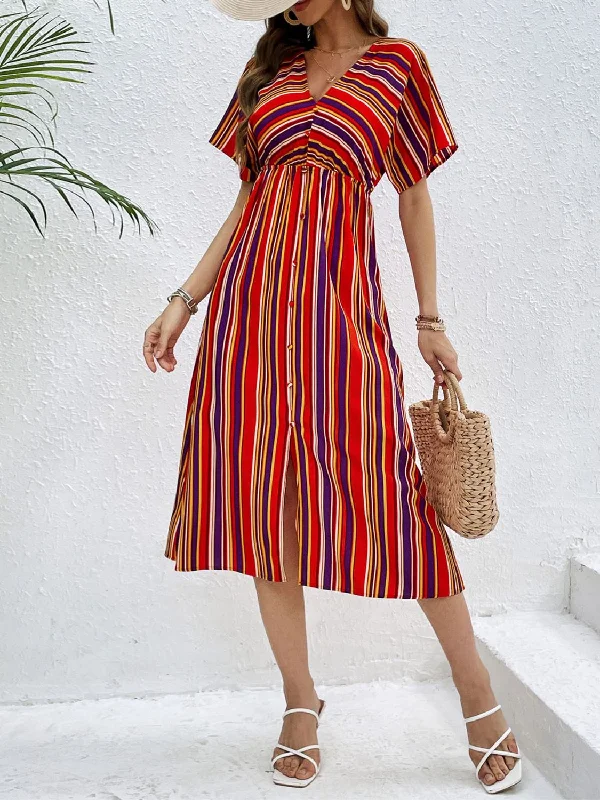 Blue Zone Planet |  Slit Striped V-Neck Short Sleeve Midi Dress Trendy Off-Shoulder Button Midi Dress