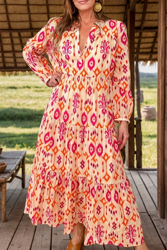 Blue Zone Planet |  Tiered Printed Notched Long Sleeve Midi Dress Comfortable Geometric Print Midi Dress