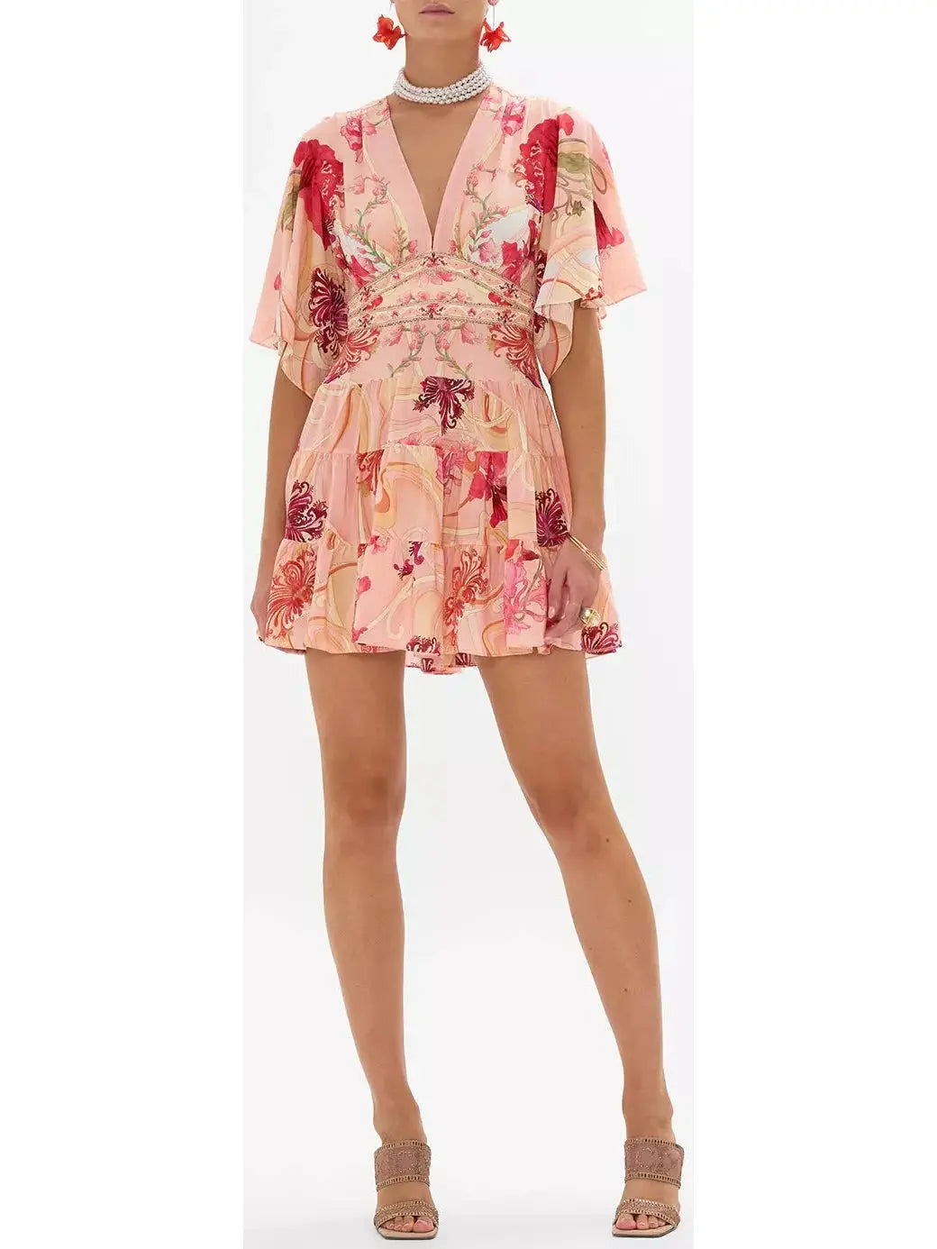 Blush Pink Floral-Printed Low-Cut Silk Mini Dress Casual High-Waist Mini Dress