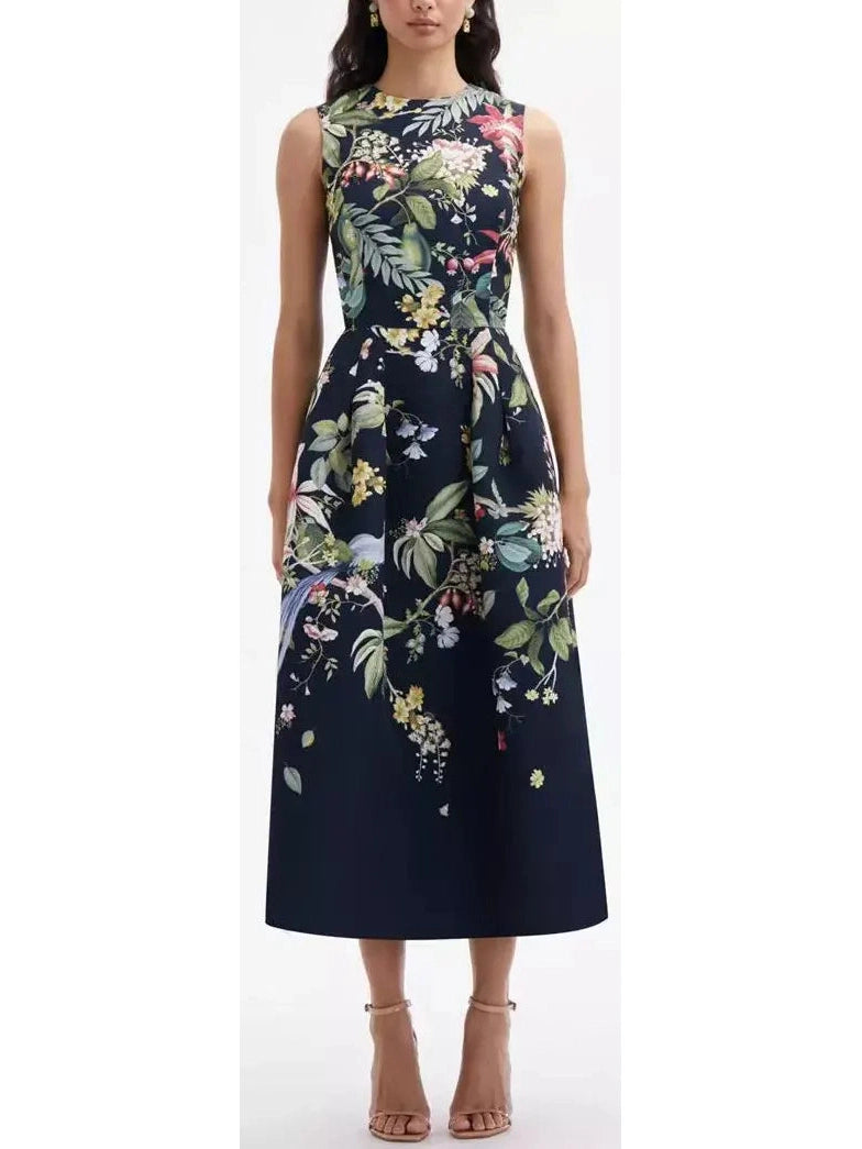 Botanical Garden Printed Sleeveless Midi Dress in Black and Multicolor Trendy A-Line Midi Dress