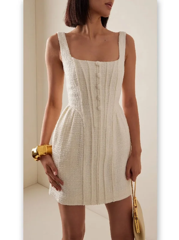 Boucle Tweed Peplum Mini Dress In White Cozy Sweater Mini Dress