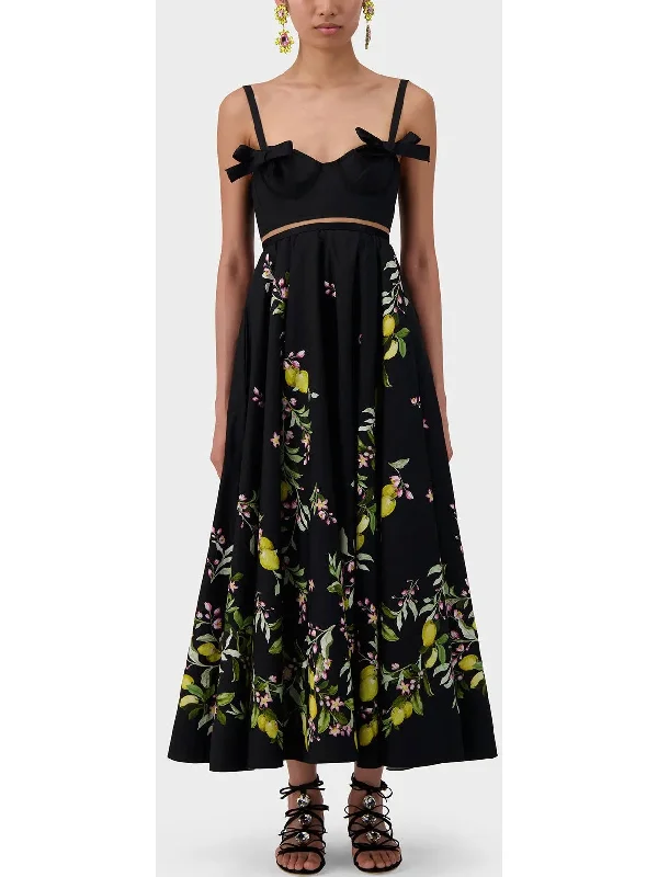 Bow-Detailed Printed Poplin Midi Dress in Black Elegant V-Neck Midi Dress