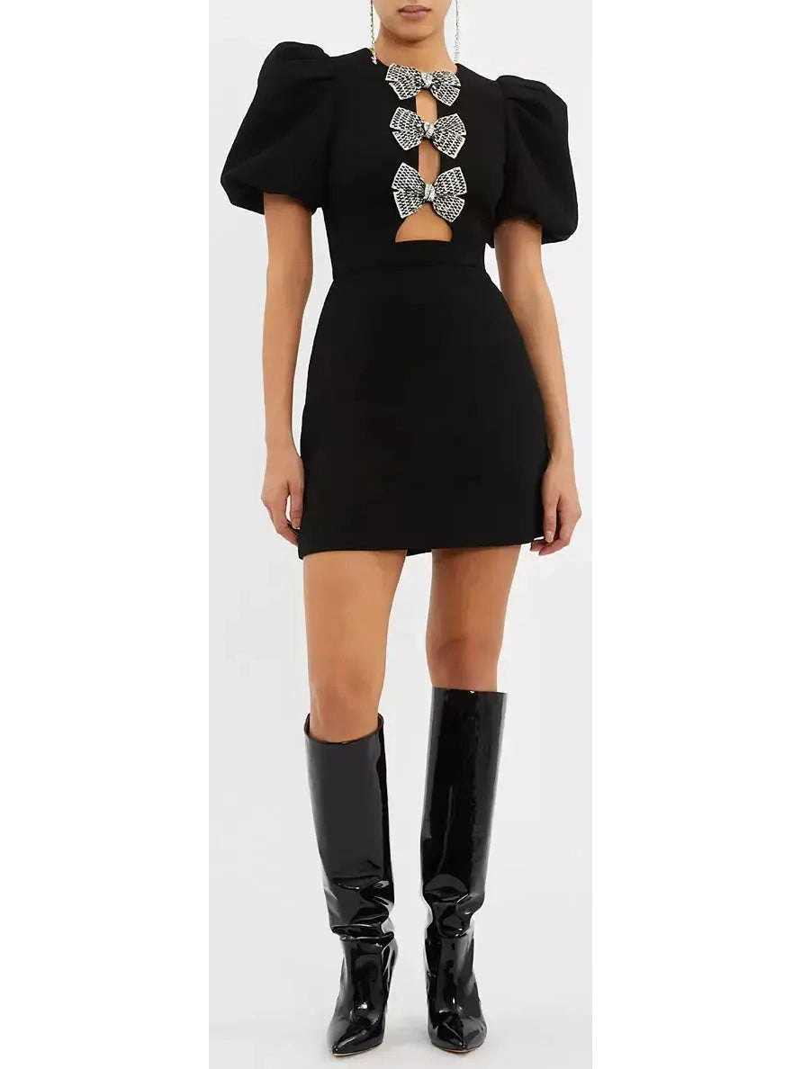 Bow-Embellished Black Mini Dress Chic Tropical Mini Dress