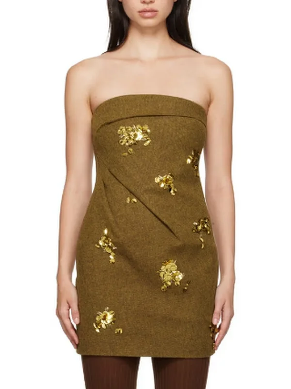 Bow Pintuck Strapless Mini Dress with Gold Sequin Appliques Fashionable Summer Mini Dress