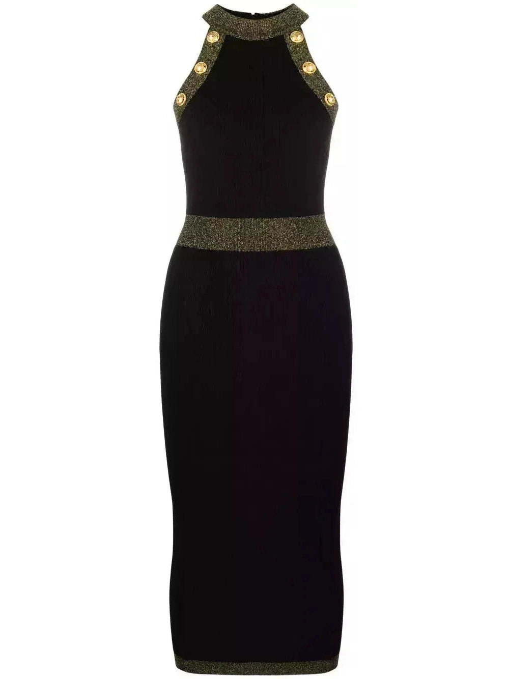 Button-Detailed Halter-Neck Knitted Midi Dress, Black Trendy Bodycon Midi Dress