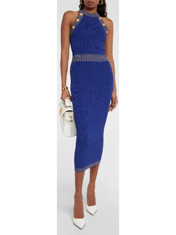 Button-Detailed Halter-Neck Knitted Midi Dress, Blue Fashionable Skater Midi Dress