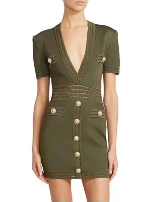 Button-Embellished V-Neck Mini Dress, Green Cozy Wraparound Mini Dress