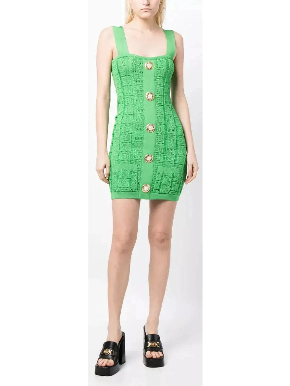 Buttoned Open-Knit Mini Dress, Green Trendy Floral Mini Dress