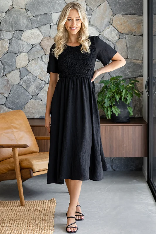 Candace Midi Dress Black Elegant Faux Wrap Midi Dress