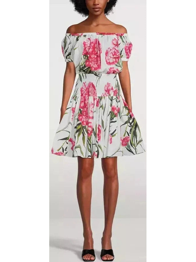 Carnation Print Off-The-Shoulder Mini Dress Classic Striped Mini Dress