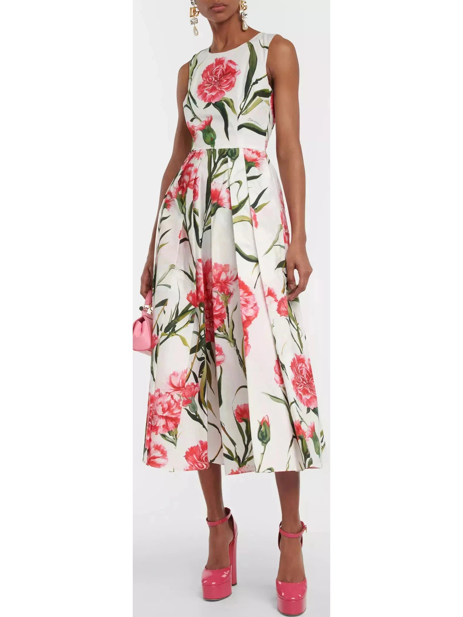 Carnation-Printed Midi Dress Trendy Smocked Detail Midi Dress