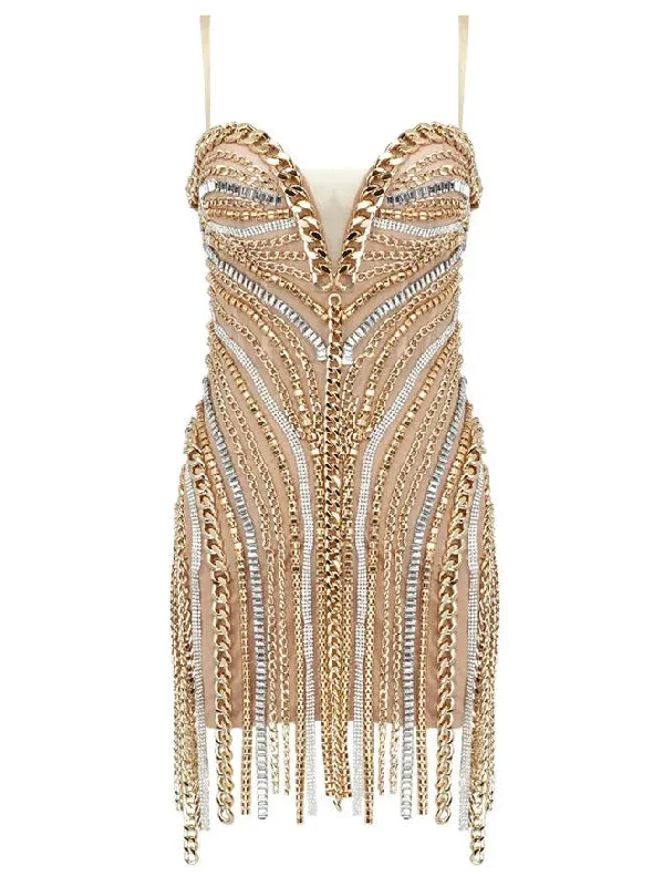 Chain and Crystal-Embellished Mesh Mini Dress Comfortable Bodycon Mini Dress