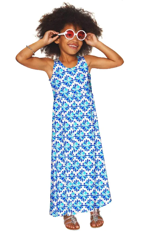Charisma Bella White & Blue Summer Empire Waist Maxi Dress - Girls Fashionable Maxi Dress with Fringe Charisma Bella White & Blue Summer Empire Waist Maxi Dress - Girls Fashionable Maxi Dress with Fringe