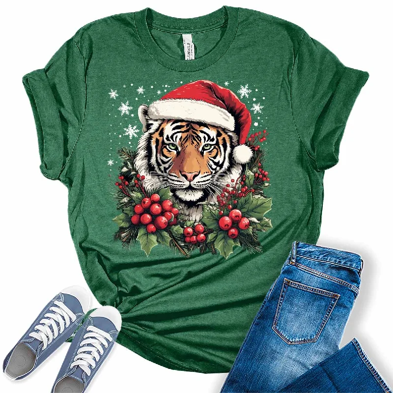 Christmas Tiger Santa Hat Xmas Holiday T-shirt Cotton Fabric Linen Fabric Terry Fabric