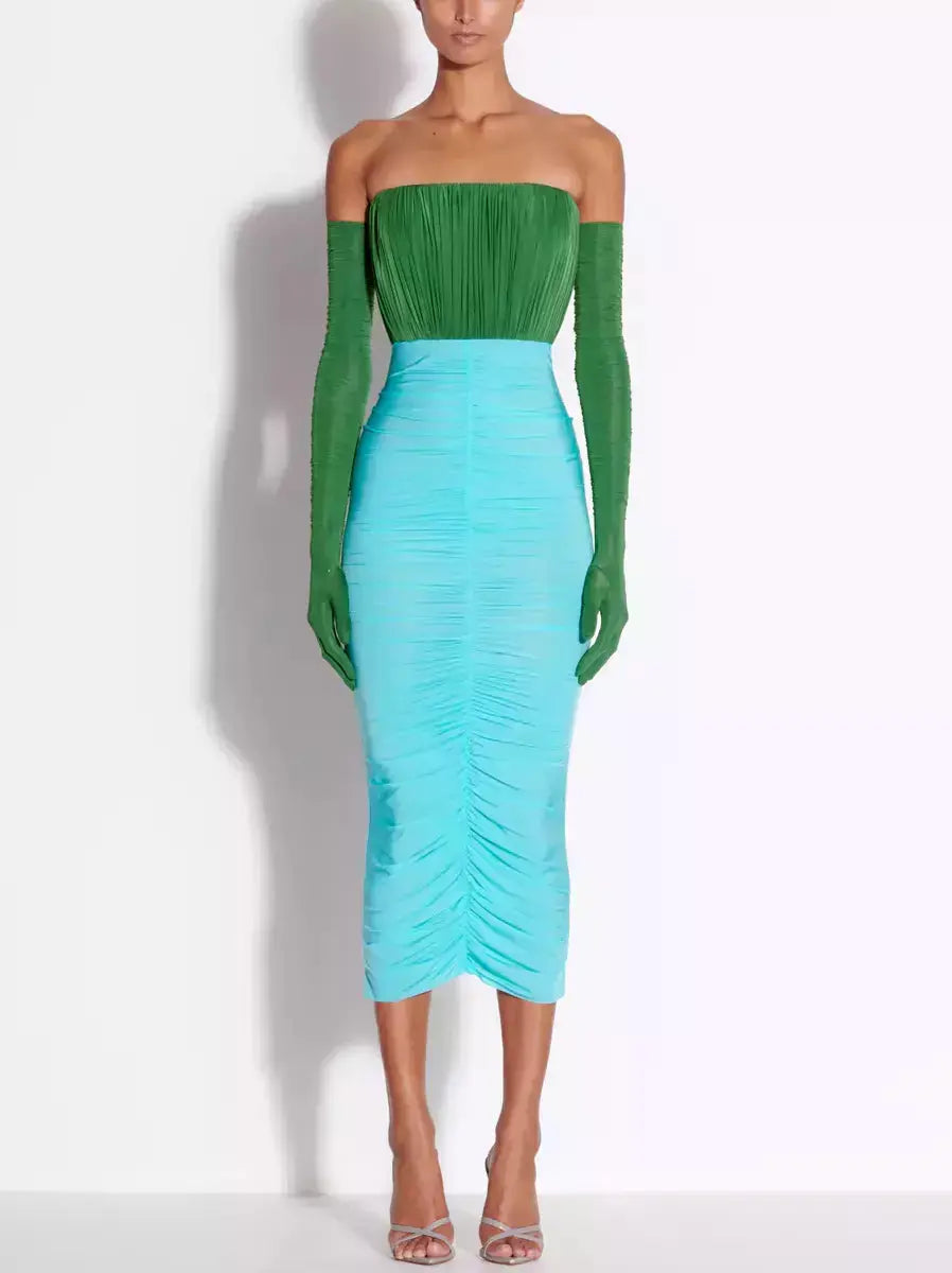 Color-Contrast Strapless Ruched Midi Dress with Long Gloves Stylish Off-Shoulder Ruffle Dress