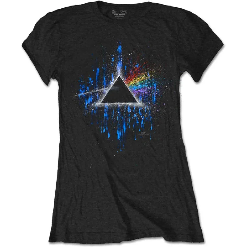 Pink Floyd Ladies T-Shirt: Dark Side of the Moon Blue Splatter Machine Wash Dry Clean Hand Wash