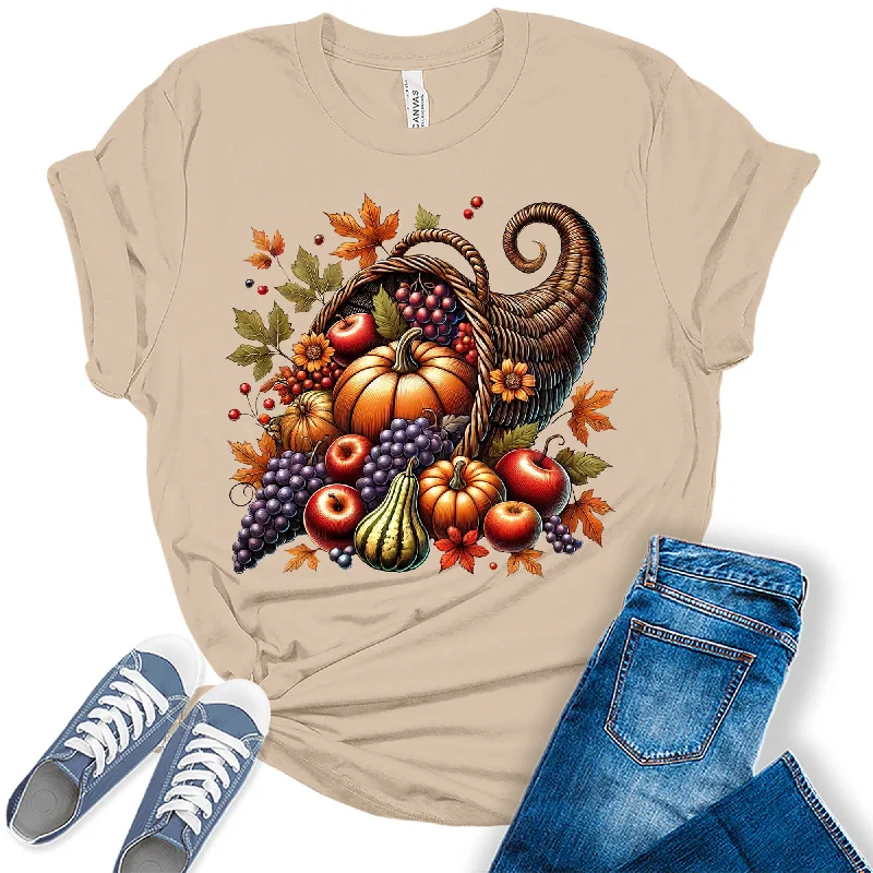 Cornucopia Fall Thanksgiving Graphic Tees For Women Rayon Velvet Corduroy