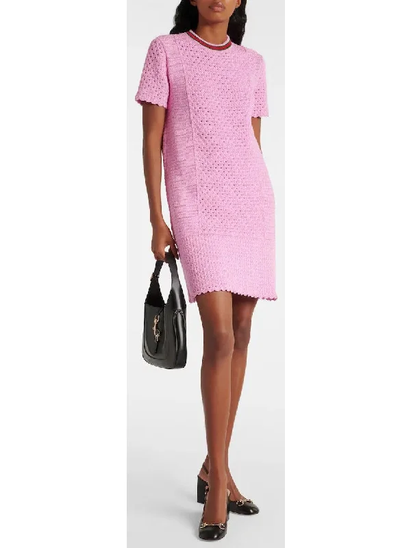 Cotton-Blend Open-Knit Pink Mini Dress Cozy T-Shirt Mini Dress