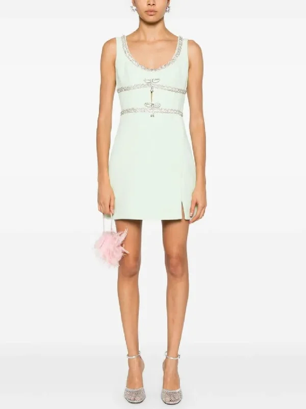 Crystal Bow Embellished Mint Green Mini Dress Fashionable Mini Dress with Slits