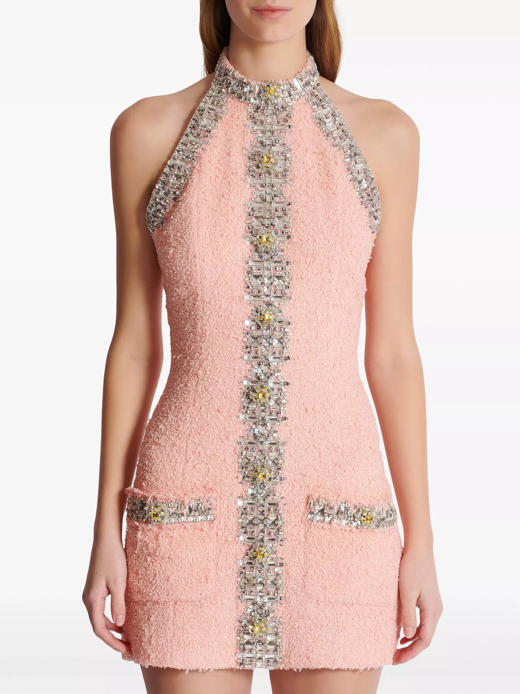 Crystal-Embellished Pink Tweed Halter Mini Dress Comfortable Fit-and-Flare Mini Dress