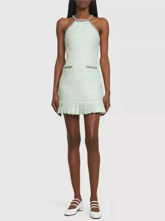 Crystal Halter-Neck Embellished Mint Green Boucle Mini Dress Cozy Satin Mini Dress