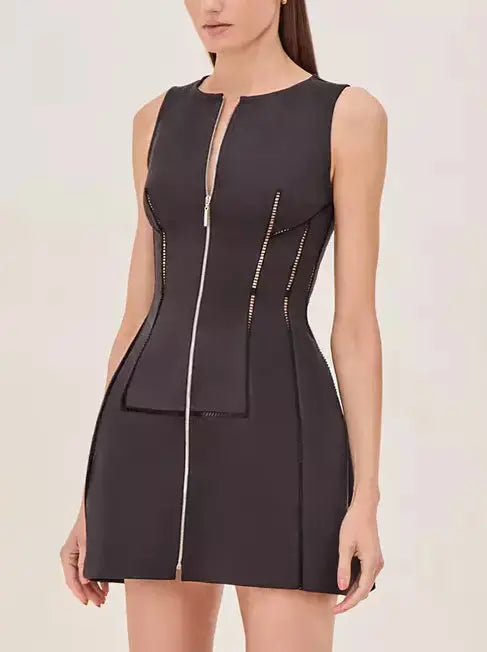 Cut-Out Structured Zip-Front Mini Dress in Black Trendy Cut-Out Mini Dress