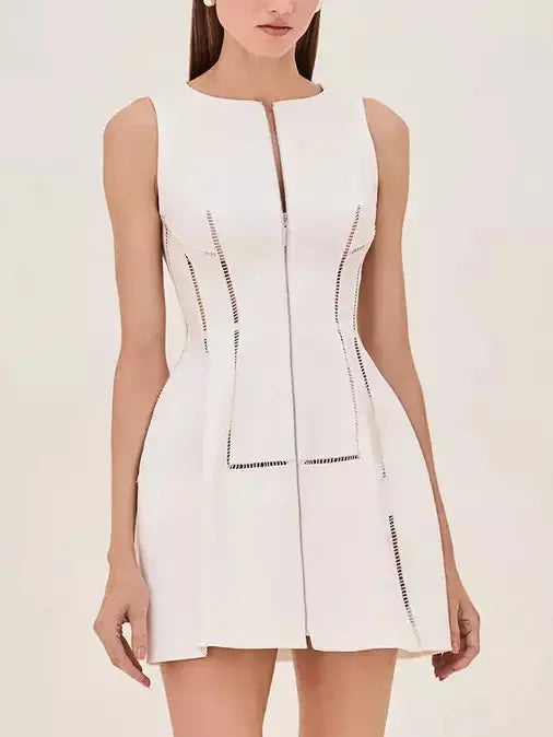 Cut-Out Structured Zip-Front Mini Dress in White Comfortable One-Shoulder Mini Dress