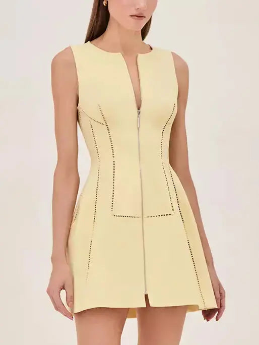 Cut-Out Structured Zip-Front Mini Dress in Yellow Elegant Satin Lace Mini Dress