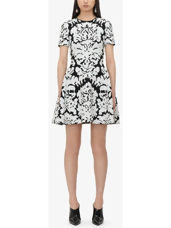 Damask Jacquard Mini Dress in Black and White Trendy Crossover Mini Dress