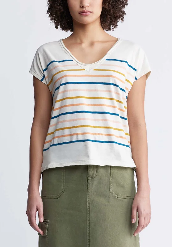 Danique Women’s V-Neck Striped T-Shirt In White - KT0122P Terry Blend Velvet Blend Canvas Blend Danique Women’s V-Neck Striped T-Shirt In White - KT0122P Terry Blend Velvet Blend Canvas Blend