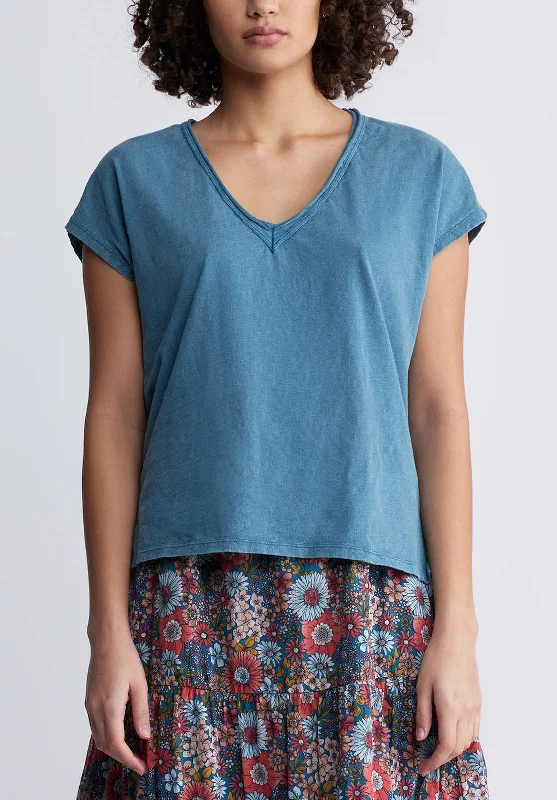 Danique Women’s V-Neck Striped T-Shirt in Teal Blue - KT0123P Elegant Classic Vintage Danique Women’s V-Neck Striped T-Shirt in Teal Blue - KT0123P Elegant Classic Vintage