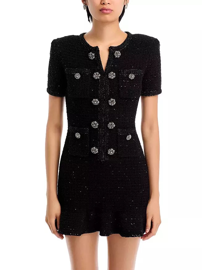 Decorative-Button-Embellished Black Tweed Mini Dress Cozy Satin Mini Dress