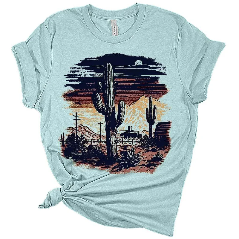 Womens Desert Cactus Ranch Scene T-Shirt Cute Western Shirt Casual Graphic Tee Short Sleeve Top Seamless Knitted Crochet Womens Desert Cactus Ranch Scene T-Shirt Cute Western Shirt Casual Graphic Tee Short Sleeve Top Seamless Knitted Crochet