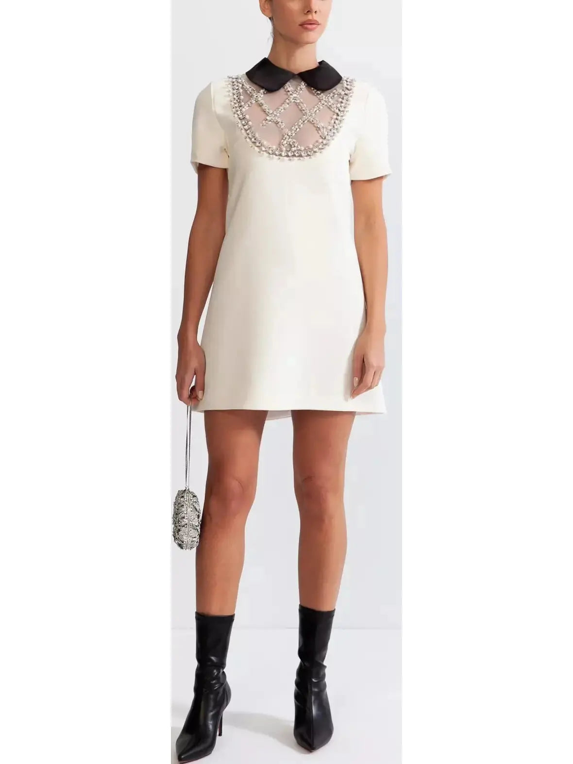 Embellished-Lattice Mini Dress Classic Shift Mini Dress