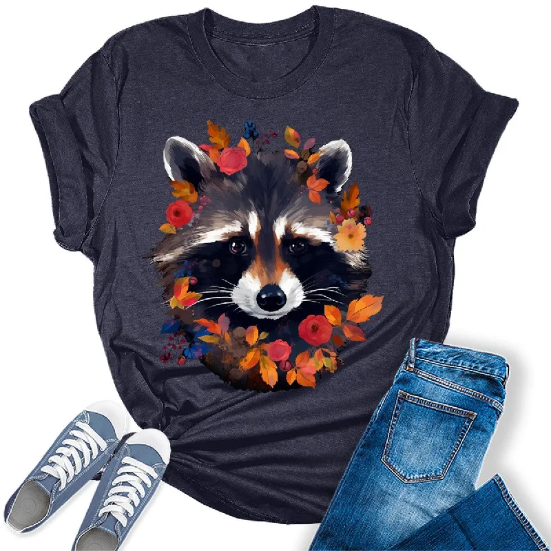 Fall Raccoon Face Flowers Graphic Tees For Women Chenille Blend Fleece Blend Nylon Blend