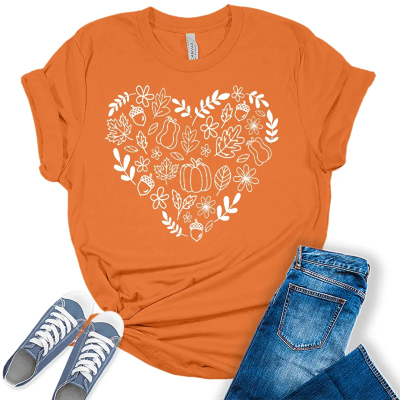 Fall Heart T-Shirt for Women Family Halloween Thanksgiving Tops Cute Autumn Pumpkin Graphic Tees Polka Dot Checkered Tartan