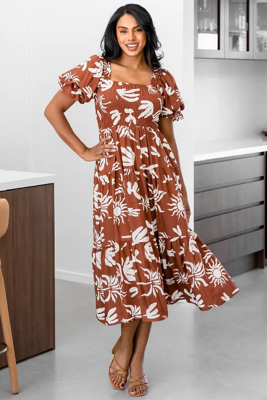 Farrah Midi Dress Bora Print Dark Tan Cozy Spaghetti Strap Midi Dress