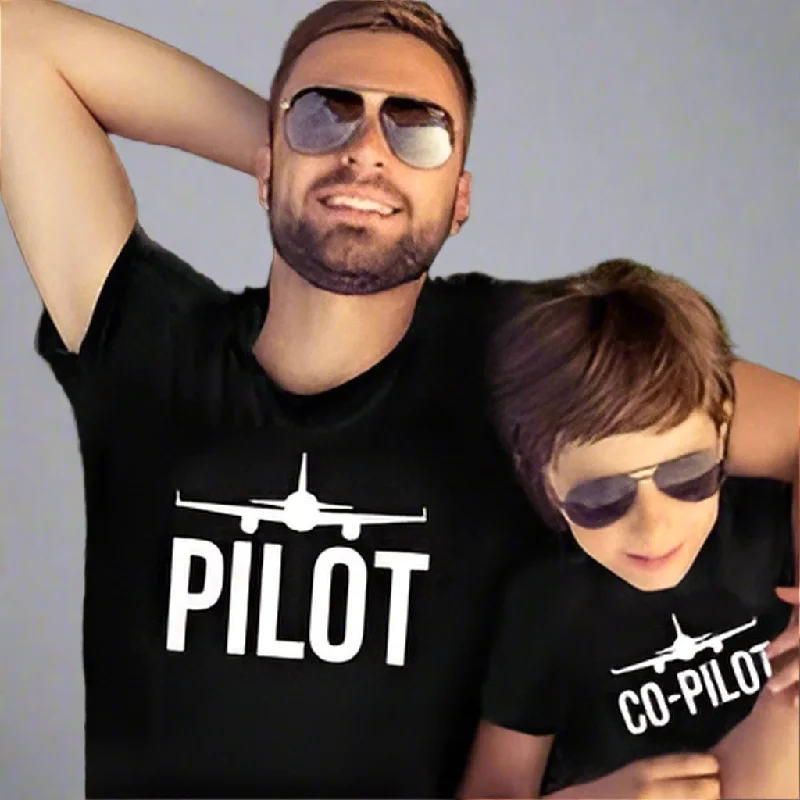 Father and Child "Pilot & Co-Pilot" Matching T-Shirt Set – Perfect for Daddy & Me Outfits Asymmetrical Pockets Print