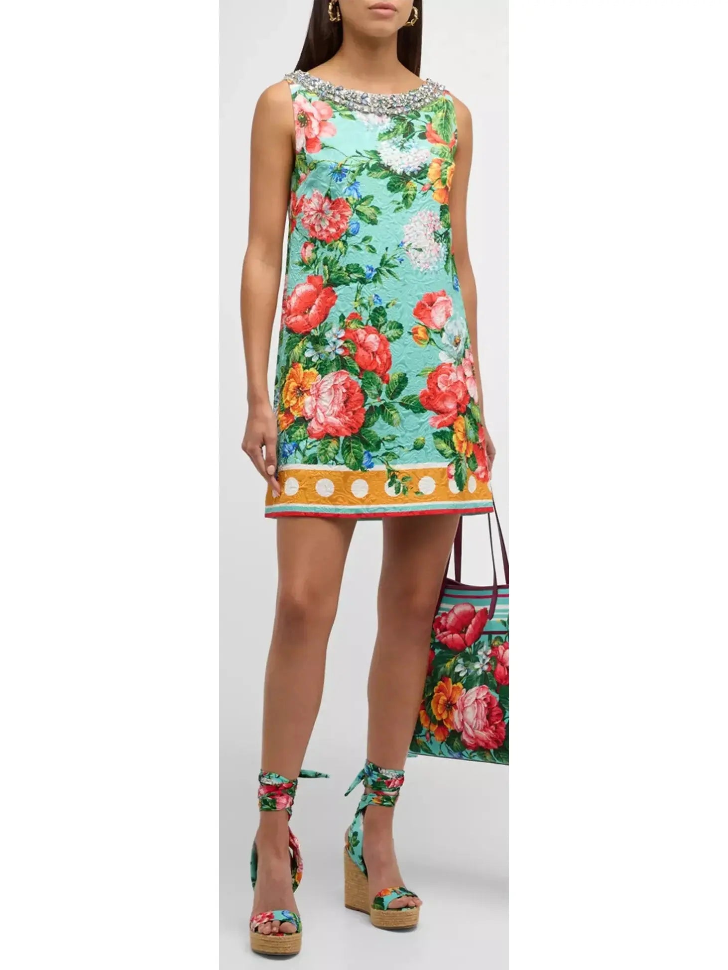 Floral Border-Print Crystal Sleeveless Jacquard Mini Dress Stylish Button-Down Mini Dress