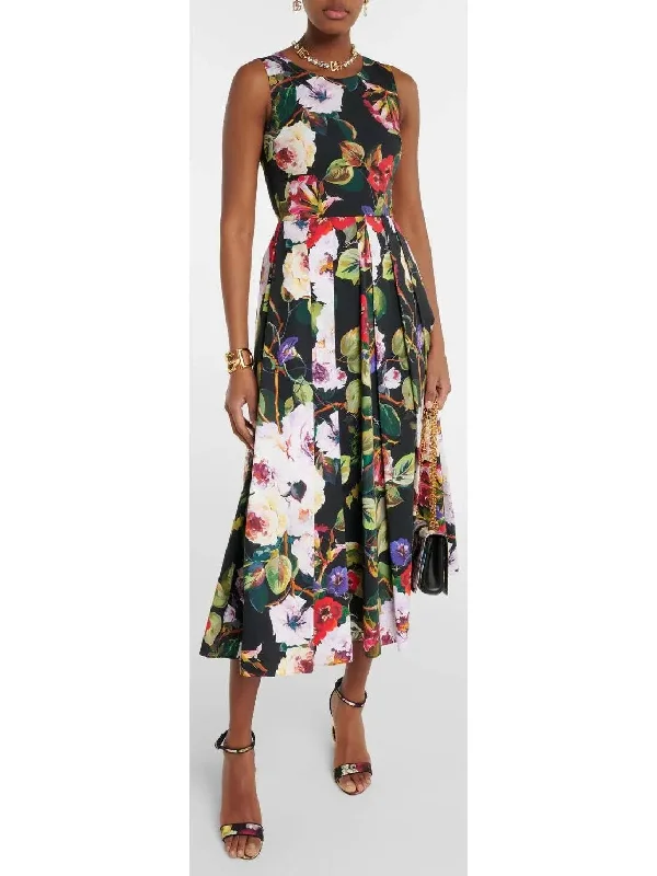 Floral Cotton Midi Dress Trendy Off-Shoulder Button Midi Dress