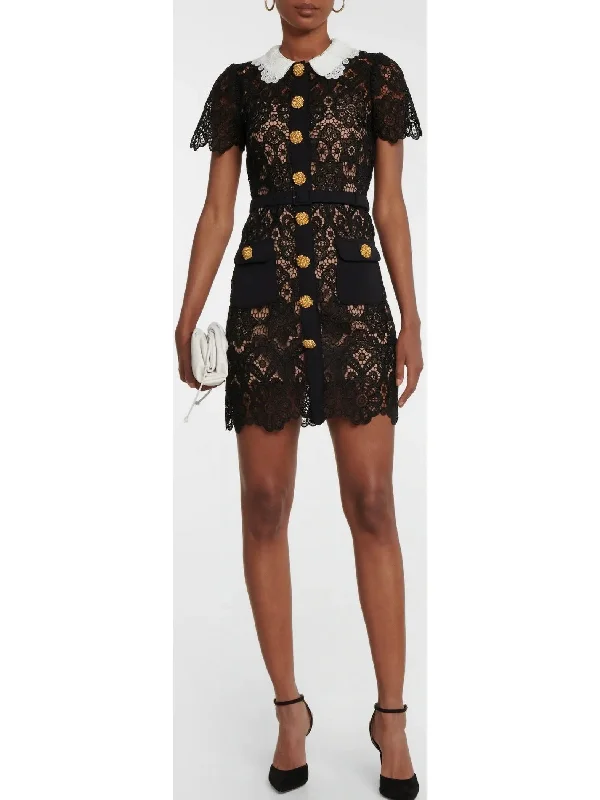 Floral Guipure Button-Up Mini Dress Stylish Button-Down Mini Dress