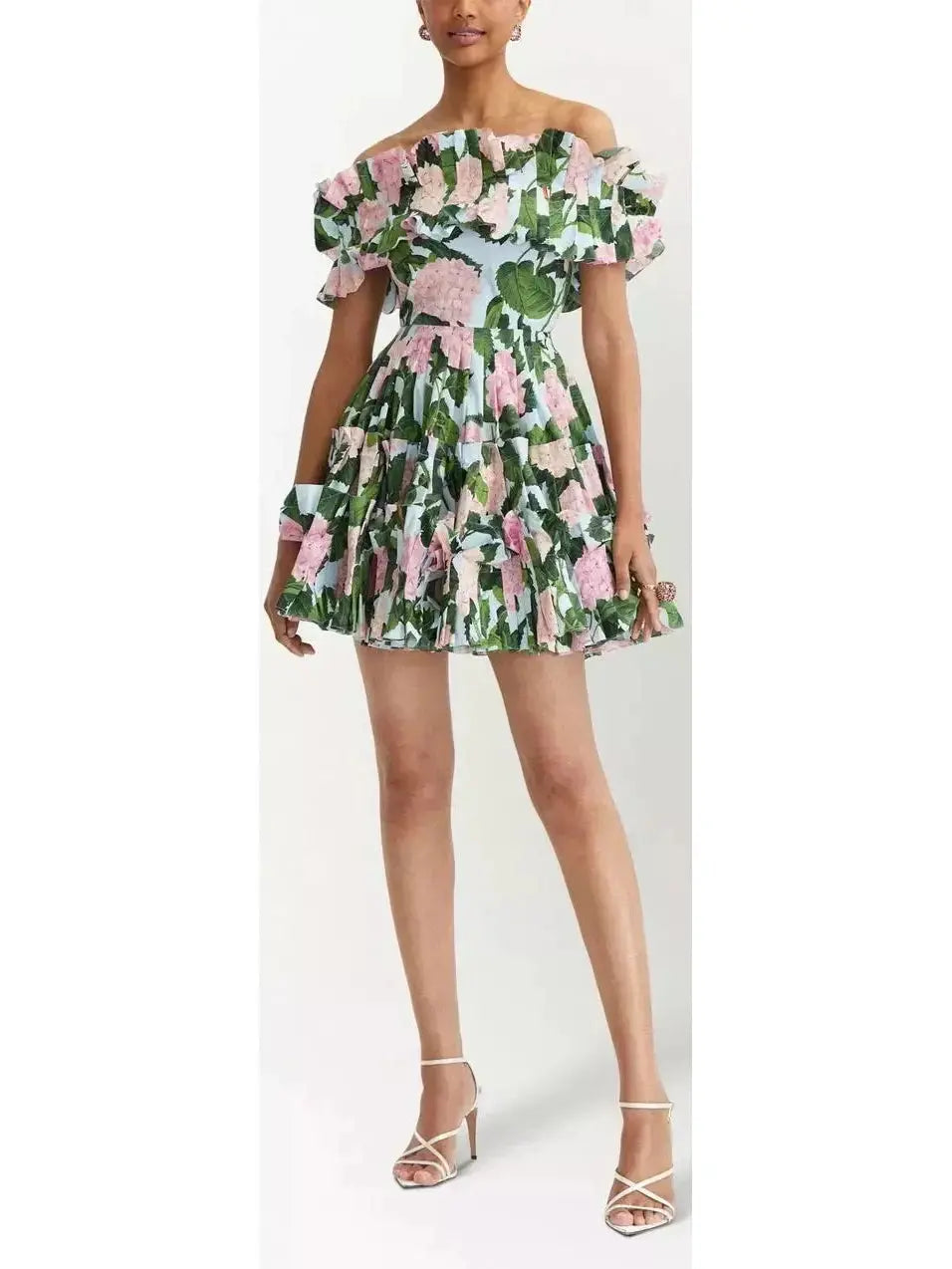 Floral-Print Off-Shoulder Mini Dress Casual High-Waist Mini Dress