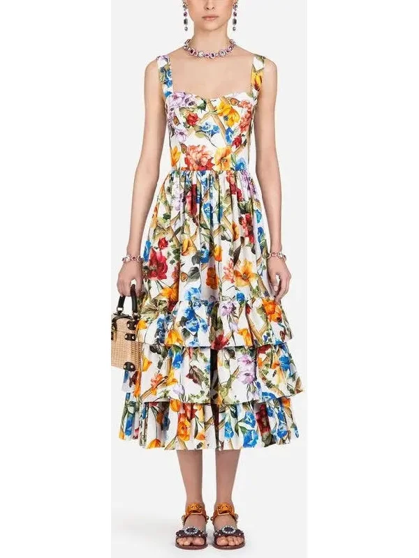 Floral-Print Tiered-Ruffle Midi Dress Stylish Vintage Midi Dress